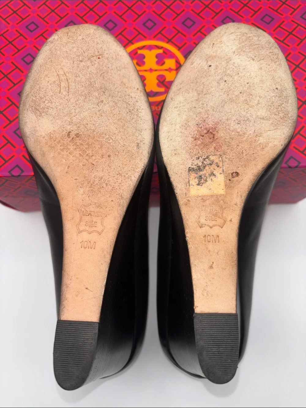 Tory Burch Black Leather Peep Toe Wedges with Gold Logo Medallion
